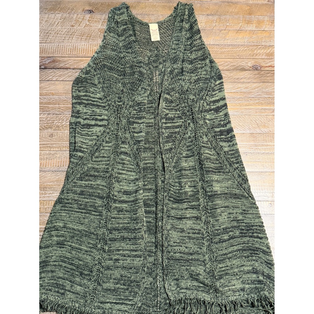 Faded Glory Cardigan Vest Women 1X-2X Green Fringe Boho Pointelle Knit Preloved